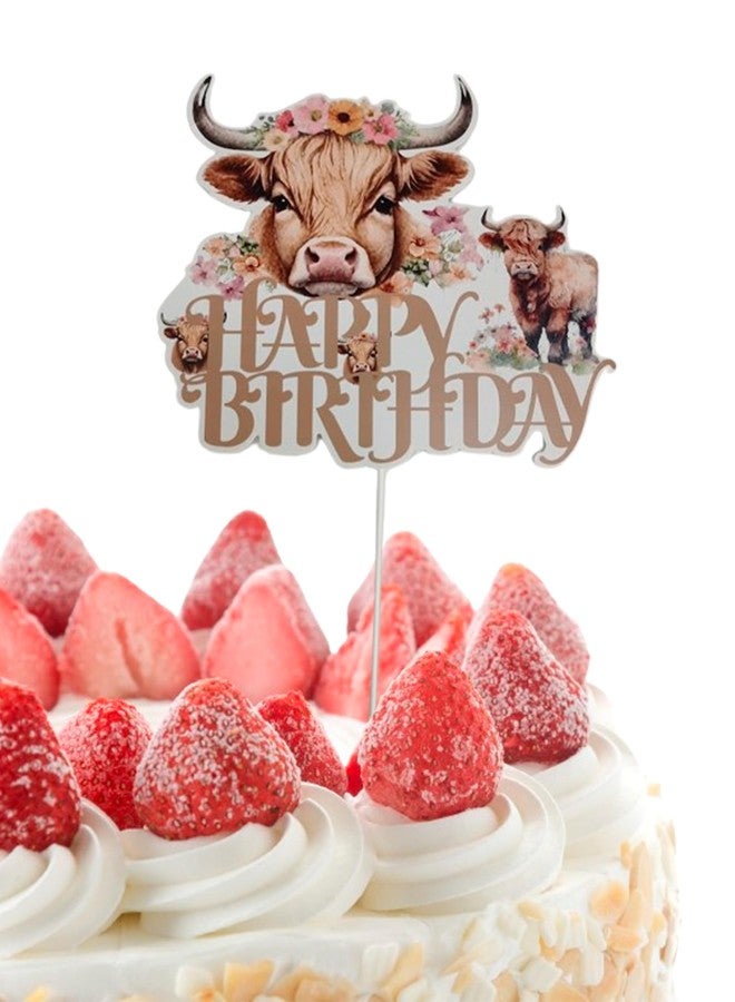 ULVEOL 6.7x7.6 Inch Highland Cow Happy Birthday Cake Topper Paper - Highlands Cow Birthday Party Supplies - Brown Glitter Highland Cow Cake Decor for Western Cowboy Theme - Birthday Party Baby Shower - Image 1