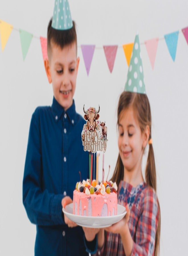 ULVEOL 6.7x7.6 Inch Highland Cow Happy Birthday Cake Topper Paper - Highlands Cow Birthday Party Supplies - Brown Glitter Highland Cow Cake Decor for Western Cowboy Theme - Birthday Party Baby Shower - Image 3