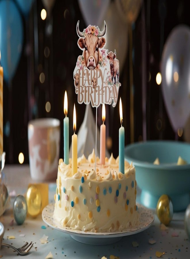 ULVEOL 6.7x7.6 Inch Highland Cow Happy Birthday Cake Topper Paper - Highlands Cow Birthday Party Supplies - Brown Glitter Highland Cow Cake Decor for Western Cowboy Theme - Birthday Party Baby Shower - Image 2