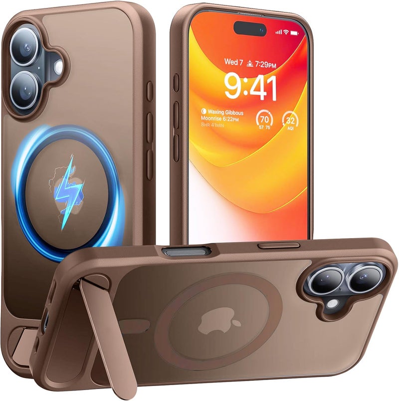 Elzzi Magnetic Cover Compatible for iPhone 16 Plus Case with Adjustable Metal Kickstand, Compatible with Mag-Safe Translucent Matte Shockproof Protective Case Phone Case,Desert Titanium - Image 1