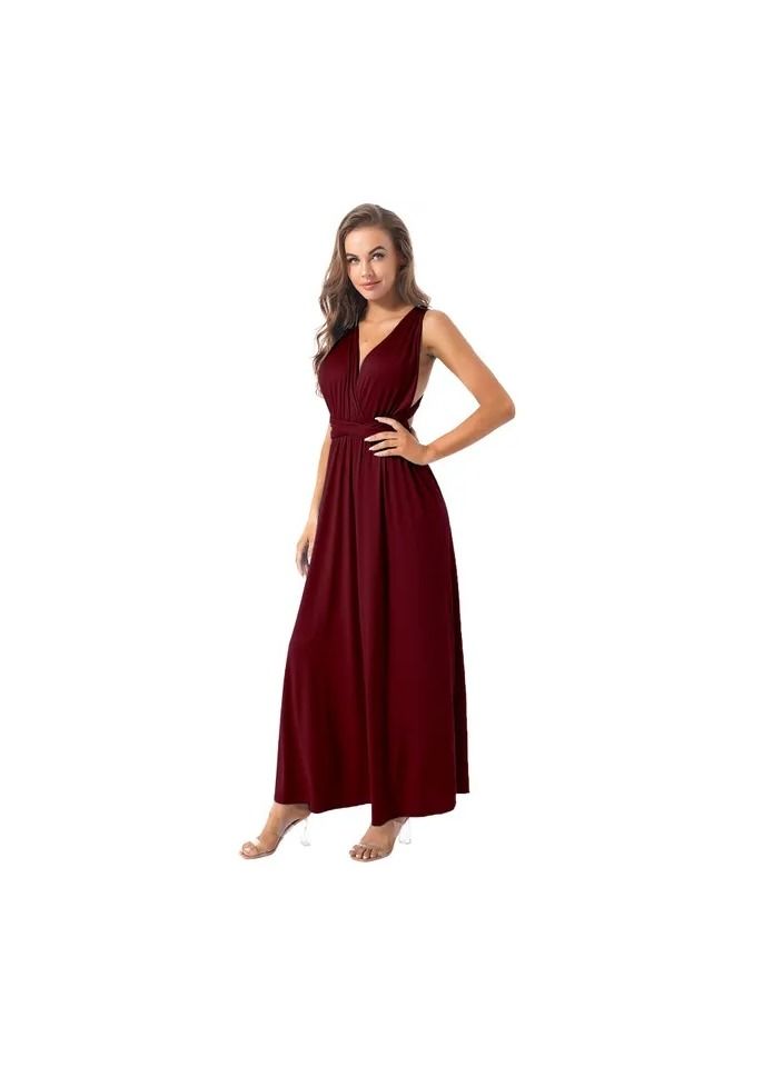 1-Piece Women's Deep V Neck Backless Party Dresses,Multi-Way Wrap Cocktail Evening Party Prom Dress,Size S,Colour Wine Red - Image 1