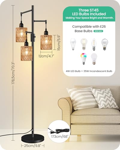 GOEBLESON Dimmable Floor Lamp, Farmhouse Tall Standing 70.3" Tree Lamp with 3 Rope Woven Lampshades, Boho Rattan Floor Lights, 4W 3 LED Bulbs Included, for Living Room, Bedroom, Study, Office B03LD05 - Image 2