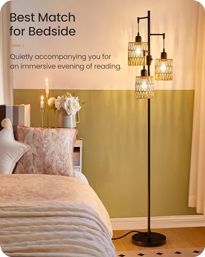 GOEBLESON Dimmable Floor Lamp, Farmhouse Tall Standing 70.3" Tree Lamp with 3 Rope Woven Lampshades, Boho Rattan Floor Lights, 4W 3 LED Bulbs Included, for Living Room, Bedroom, Study, Office B03LD05 - Image 3