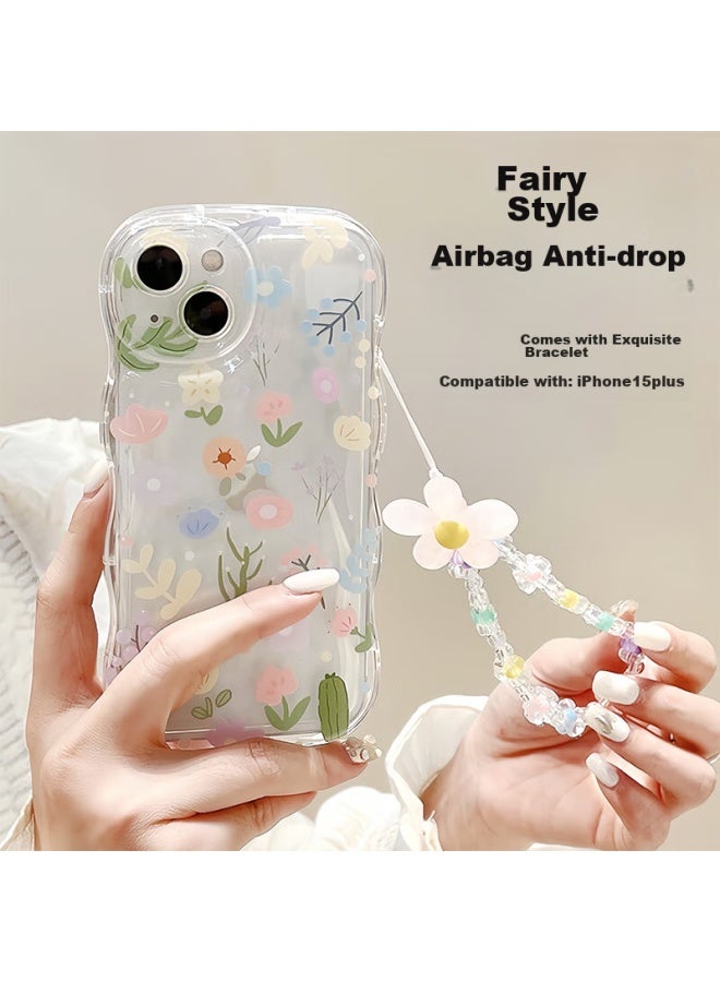 Jiang Ming Jiangming Compatible With Apple Iphone 15 Plus Case, New Generation Iphone 15 Plus Protective Cover, Soft Shell, Transparent Wave Airbag Shockproof, Floral Pattern, Fresh Style With Hand Chain Strap - Image 1