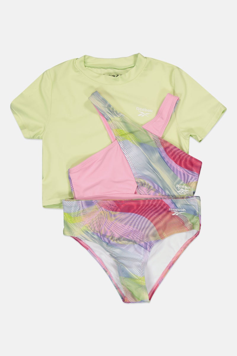 Reebok Kids Girl 3 Pieces Rashgurd With Top and Bottom Bikini Set, Apple/Pink - Image 2