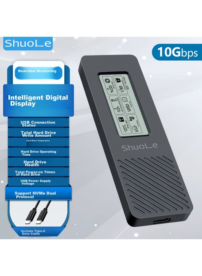 ShuoLe حاوية قرص صلب ذكي رقمي من شوال M.2 Nvme مع مراقبة الصحة، حاوية قرص صلب محمولة Type-C 3.2، متوافقة مع أجهزة الكمبيوتر المحمولة، SSD خارجي، تصميم معدني بالكامل - Image 1