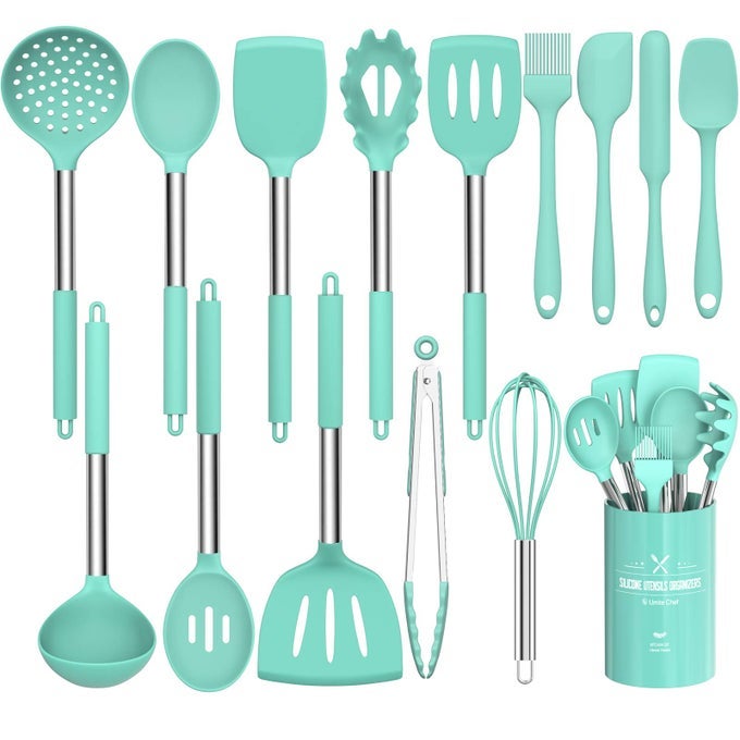 SILICONE COOKING UTENSIL SET 15PCS SILICONE COOKING KITCHEN UTENSILS SET NONSTICK BEST KITCHEN COOKWARE WITH STAINLESS STEEL HANDLE GREEN