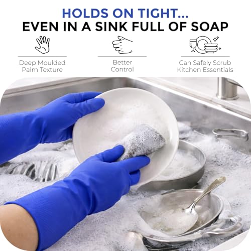 LADWA Premium Rubber Cleaning Gloves, Blue Color Reusable Waterproof Gloves for Dishwashing, Kitchen Cleaning, Laundry and Gardening Use with Anti-Slip Grip (Pack of 1 Pair) - Image 3