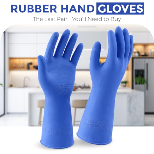 LADWA Premium Rubber Cleaning Gloves, Blue Color Reusable Waterproof Gloves for Dishwashing, Kitchen Cleaning, Laundry and Gardening Use with Anti-Slip Grip (Pack of 1 Pair) - Image 2