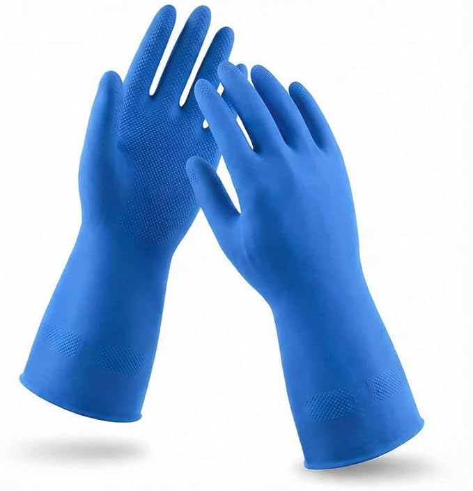 LADWA Premium Rubber Cleaning Gloves, Blue Color Reusable Waterproof Gloves for Dishwashing, Kitchen Cleaning, Laundry and Gardening Use with Anti-Slip Grip (Pack of 1 Pair) - Image 1