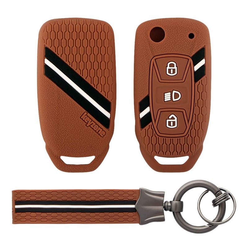 KeyZone Striped Silicone Key Cover & Keychain Compatible for Tata Curvv, Nexon, Harrier, Safari, Altroz, Punch, Tigor, Tiago 3 Button Flip (Brown with Brown Striped Keychain) - Image 1