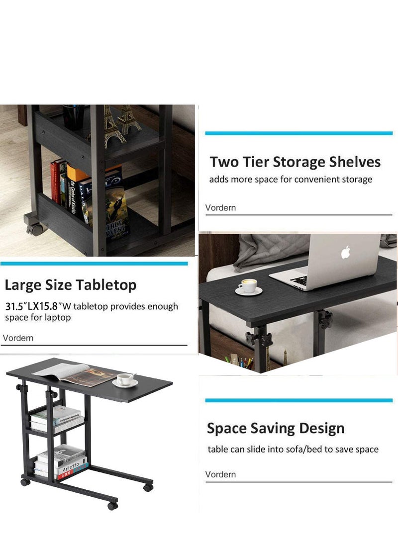 Bedside Table Adjustable Height, Foldable Laptop Overbed Table for Home Laptop Computer Bed Desk with Wheels (Black)