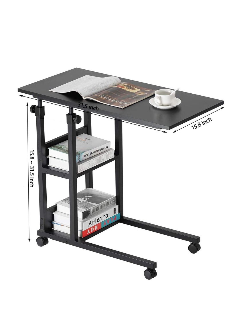 Bedside Table Adjustable Height, Foldable Laptop Overbed Table for Home Laptop Computer Bed Desk with Wheels (Black)
