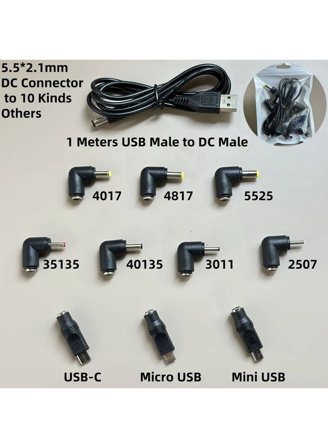 1 كابل محول من USB إلى DC 5.5x2.1 مم مع 10 أنواع من الموصلات الذكورية باللون الأسود - Image 2