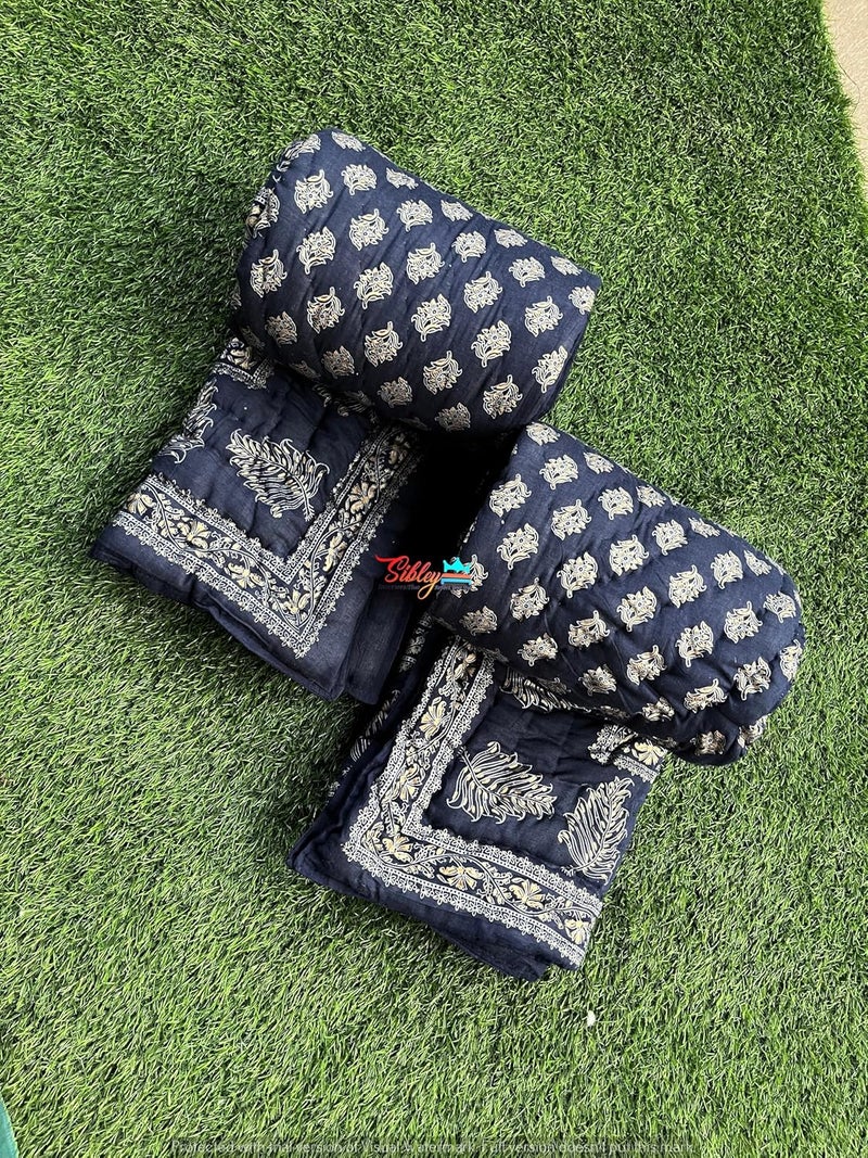 SIBLEY Traditional Hand Made 400 TC Jaipuri Soft Light Weight Pure Cotton Jaipuri Print RazaiQuiltBlanketRazai for Single Bed Pack of 2 Dark Blue - Image 2