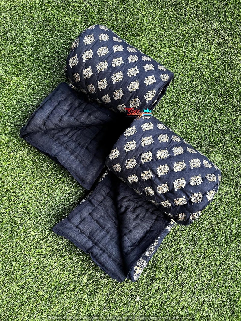 SIBLEY Traditional Hand Made 400 TC Jaipuri Soft Light Weight Pure Cotton Jaipuri Print RazaiQuiltBlanketRazai for Single Bed Pack of 2 Dark Blue - Image 1