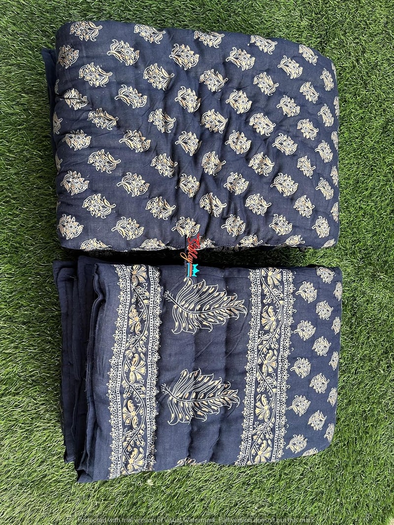 SIBLEY Traditional Hand Made 400 TC Jaipuri Soft Light Weight Pure Cotton Jaipuri Print RazaiQuiltBlanketRazai for Single Bed Pack of 2 Dark Blue - Image 4