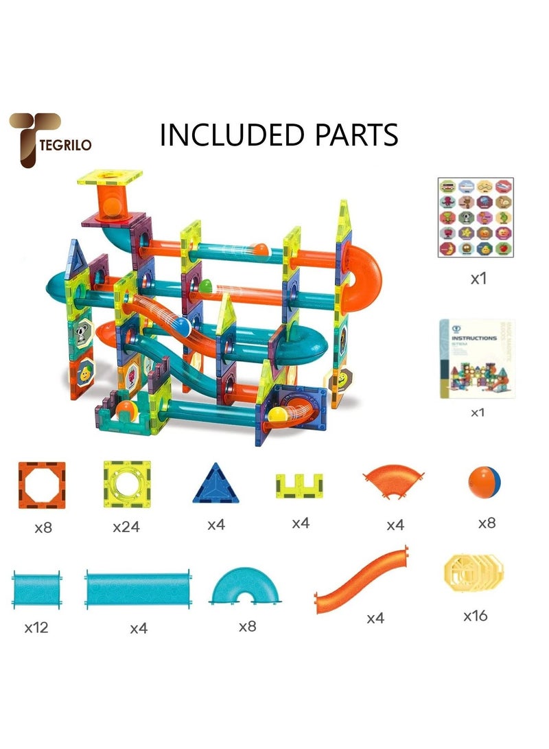 TEGRILO 96 Pieces Colorful Race Track Building Blocks, Educational Magnetic Tiles Toy Set. 3D Magnetic Marble Run Set Preschool Learning Construction Puzzle For Kids. - Image 3