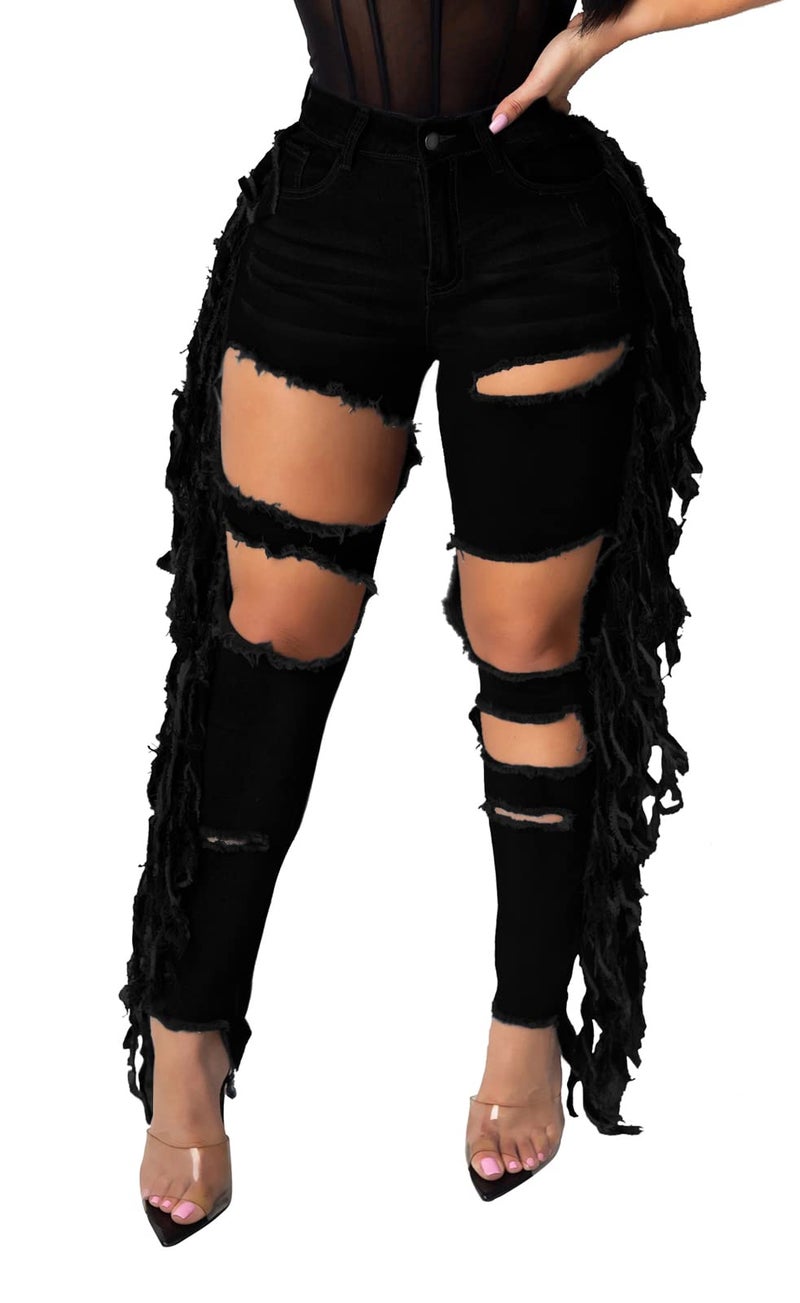 BestGirl Tassel Jeans for Women Skinny Ripped Stretch Destroyed High Waist Denim Pants Black2290 X-Large - Image 1