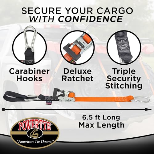 PowerTye 1.5 inch x 6.5ft Heavy Duty Ratchet Tie Down Straps with Carabiner Hooks, Soft-Tye & Storage Bag, for Motorcycle, ATV, Trailer & Cargo - 1,000 lb WLL - Made in USA - Red/Black Pair - Image 3