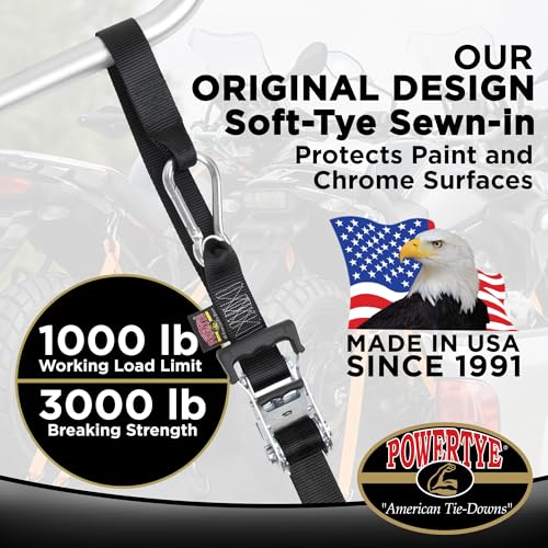 PowerTye 1.5 inch x 6.5ft Heavy Duty Ratchet Tie Down Straps with Carabiner Hooks, Soft-Tye & Storage Bag, for Motorcycle, ATV, Trailer & Cargo - 1,000 lb WLL - Made in USA - Red/Black Pair - Image 2