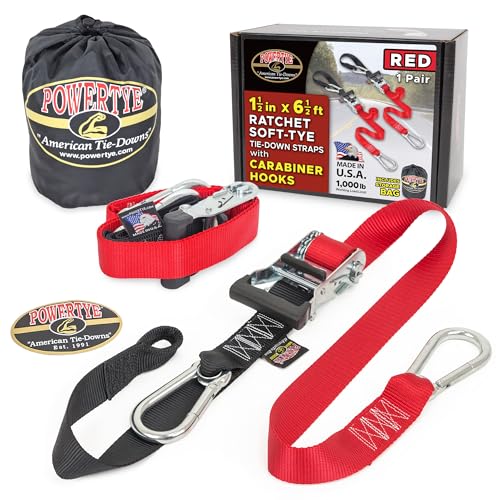 PowerTye 1.5 inch x 6.5ft Heavy Duty Ratchet Tie Down Straps with Carabiner Hooks, Soft-Tye & Storage Bag, for Motorcycle, ATV, Trailer & Cargo - 1,000 lb WLL - Made in USA - Red/Black Pair - Image 1