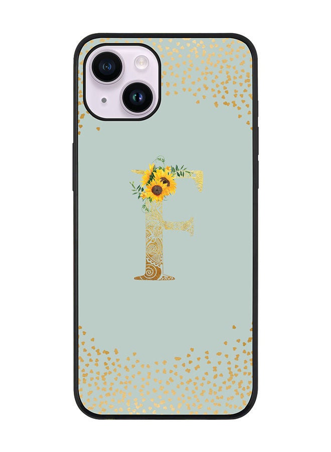 Rugged Black edge case for Apple iPhone 14 Plus Slim fit Soft Case Flexible Rubber Edges Anti Drop TPU Gel Thin Cover - Custom Monogram Initial Letter Floral Pattern Alphabet - F (Light Grey )