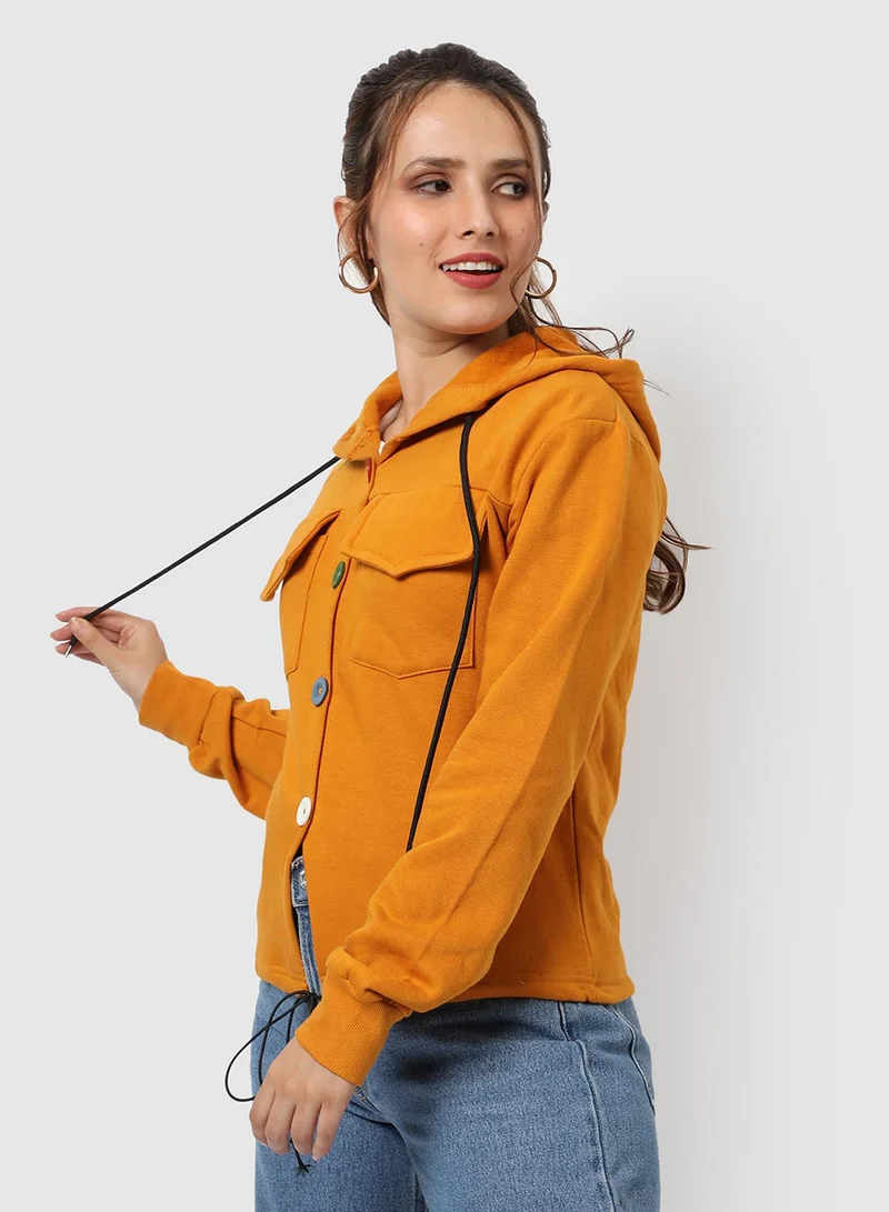 Campus Sutra Women's Mustard Yellow Solid Utility Hoodie For Casual Wear | Hooded Neck | Long Cuffed Sleeves | Button Closure | Sweatshirt Crafted With Comfort Fit For Everyday Wear