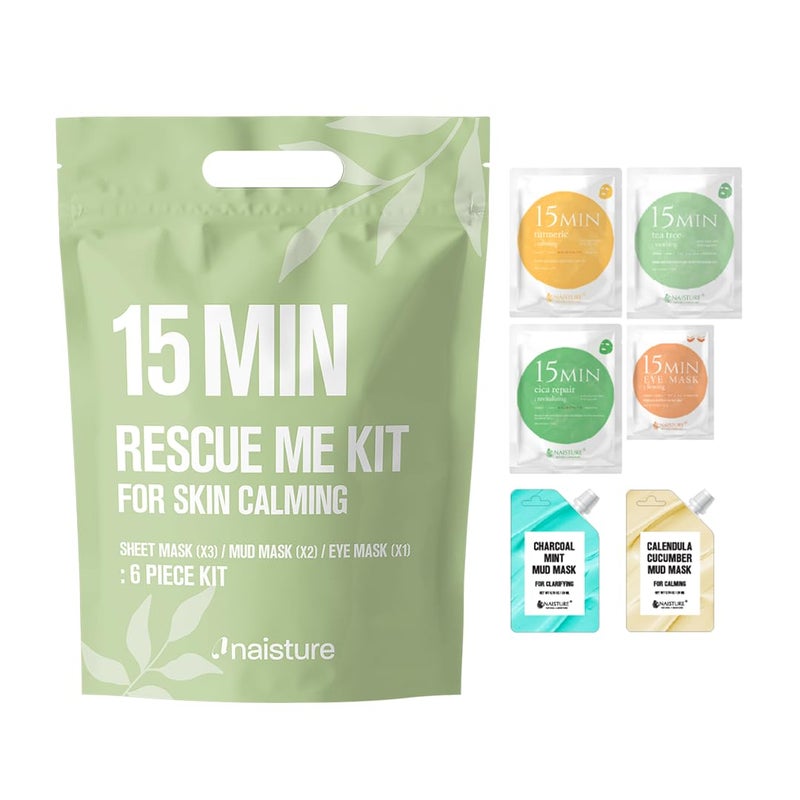 Naisture 15 Min Rescue Me Kit by Naisture Korean Spa and Skincare Kit for Women with Cica Turmeric and Tea Tree Sheet Masks Eye Mask Calendula Cucumber Mask and Charcoal Mint Mud Mask for Redness Repair