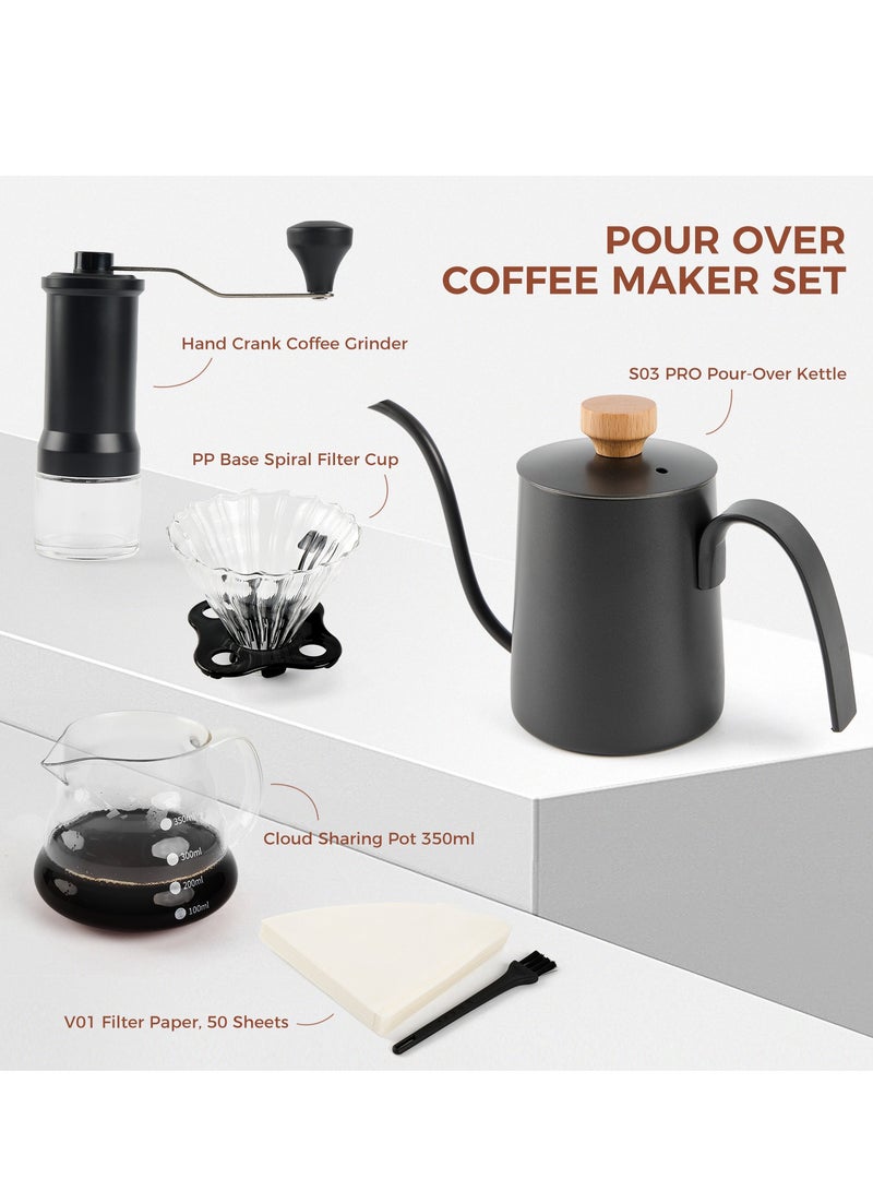 ACPLAY Complete Pour-Over Coffee Set, Includes Manual Grinder, 350ml Gooseneck Kettle, 350ml Cloud-Shaped Sharing Pot, Filter Cup, and V01 Filter Paper. - Image 2
