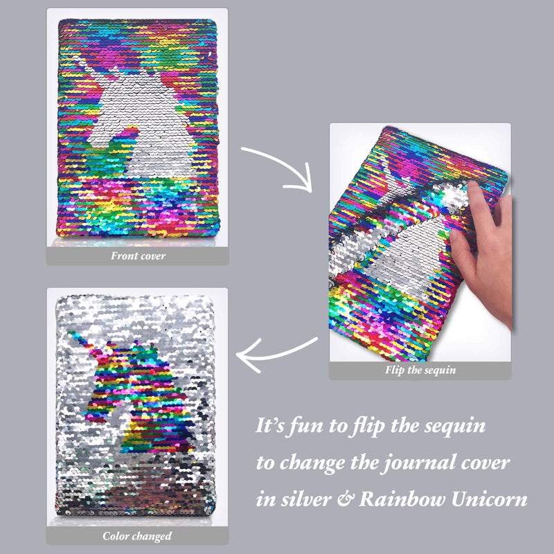 GINMLYDA Sequin Girls Journal for Kids, 8.5x5.5 Inches 160 Lined Pages Diary for Girls Unicorn Reversible Flip Sequence Notebook for Teenage Pre School Writing Drawing Travel Gifts(Rainbow-Sliver) - Image 4