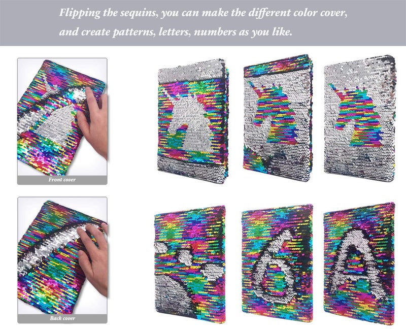 GINMLYDA Sequin Girls Journal for Kids, 8.5x5.5 Inches 160 Lined Pages Diary for Girls Unicorn Reversible Flip Sequence Notebook for Teenage Pre School Writing Drawing Travel Gifts(Rainbow-Sliver) - Image 2