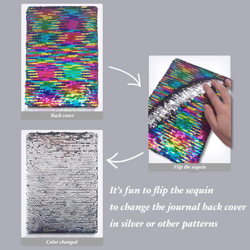 GINMLYDA Sequin Girls Journal for Kids, 8.5x5.5 Inches 160 Lined Pages Diary for Girls Unicorn Reversible Flip Sequence Notebook for Teenage Pre School Writing Drawing Travel Gifts(Rainbow-Sliver) - Image 5