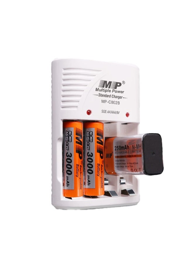 أم بي - شاحن بطاريات ذكي MP بـ 4 فتحات – لبطاريات AA/AAA و 9V القابلة لإعادة الشحن من نوع Ni-MH/Ni-Cd – شاحن متعدد الوظائف - Image 1