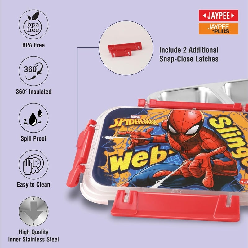 JAYPEE Toon Box 2 Marvel Series Spider Man Inner Stainless Steel Insulated Lunch Box for School Kids |Airtight Leakproof Tiffin Box with 2 Additional Lock |Food Grade|BPA Free, 545 ml, Red - Image 2