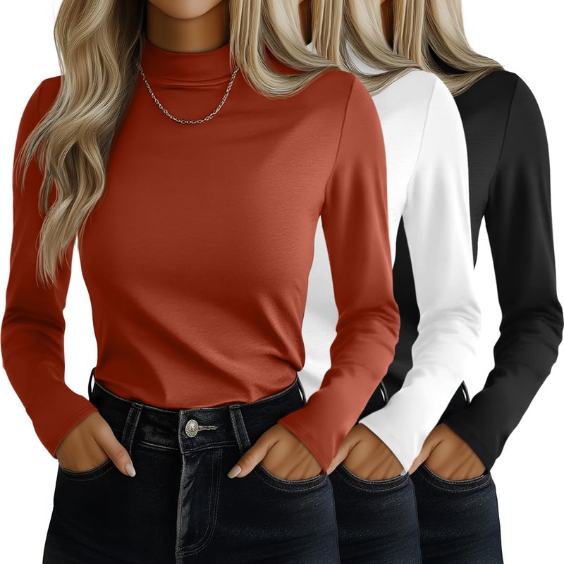 Ficerd 3 Pack Womens Mock Turtleneck Shirts Long Sleeve Mock Neck Pullover Tops Slim Fitted Stretch Undershirt Tee BlouseBlack White PumpkinXLarge - Image 2