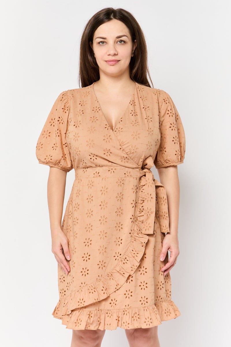 Fire & Glory Women Eyelet Mini Dress, Tan - Image 1