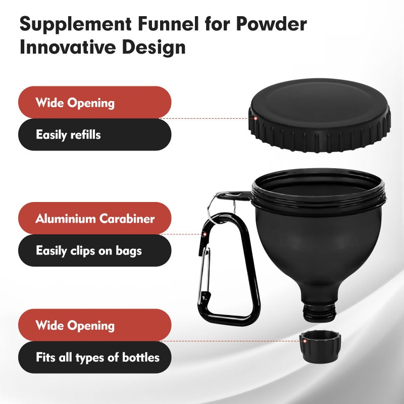 Eiruseed 2Pack Portable Protein Powder Travel Container to Go, Protein Powder Funnel with Carabiner & Reinforced Caps, Water Bottle Container for Powders Mixes, PreWorkout/Supplement Funnels (50ml_Black) - Image 2