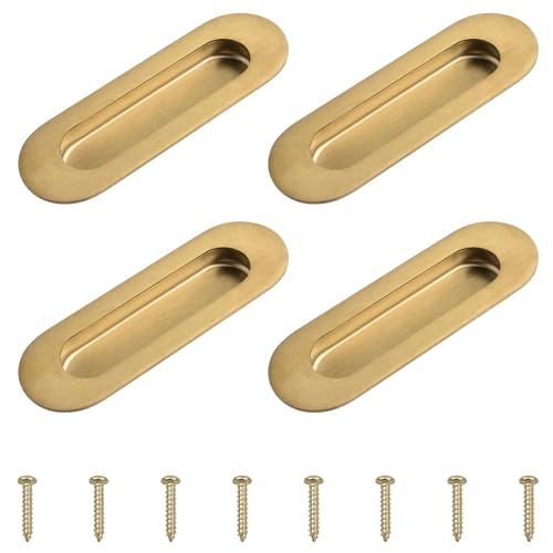 MOROBOR 4 Pack Stainless Steel Side Hole Flush Pull Oval Embedded Sliding Door Handle Recessed Finger Pulls with Hidden Screws for Drawer Cupboard WardrobeBrushed Gold - Image 1
