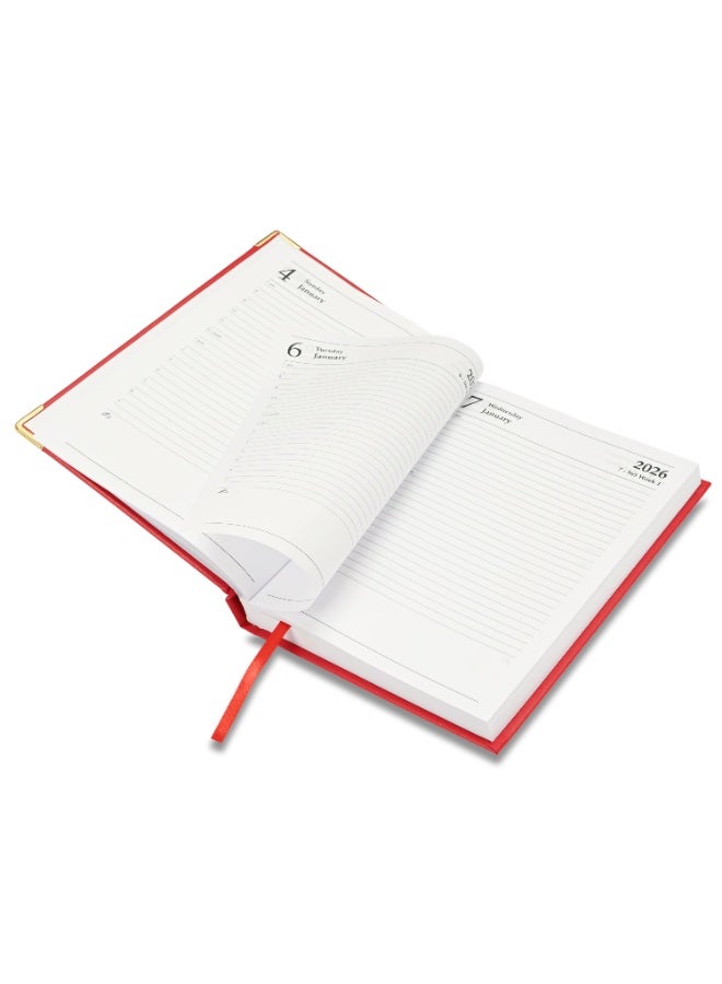 FIS مفكرة 2026، حجم A5 (148x210 مم)، غلاف صلب من مواد الفينيل، جانب واحد مبطن، زوايا ذهبية، إنجليزي، ورق أبيض 60 جرام، لون أحمر - FSDI22E26RE - Image 4