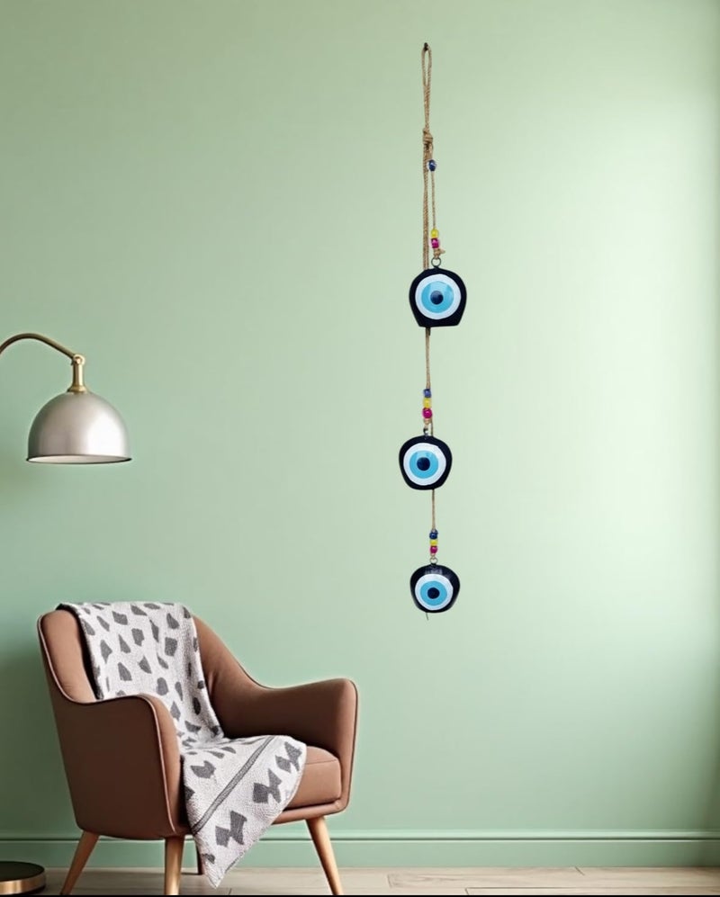 WARMINGO DE Evil Eye Bell Wall Hanging Hand Painted | 3 Feng Shui Vastu Bell for Main Door Entrance | Turkish Evil Eye Hanging for Good Luck & Prosperity | Home Gifting Wall Hanging Decor (Blue) - Image 5