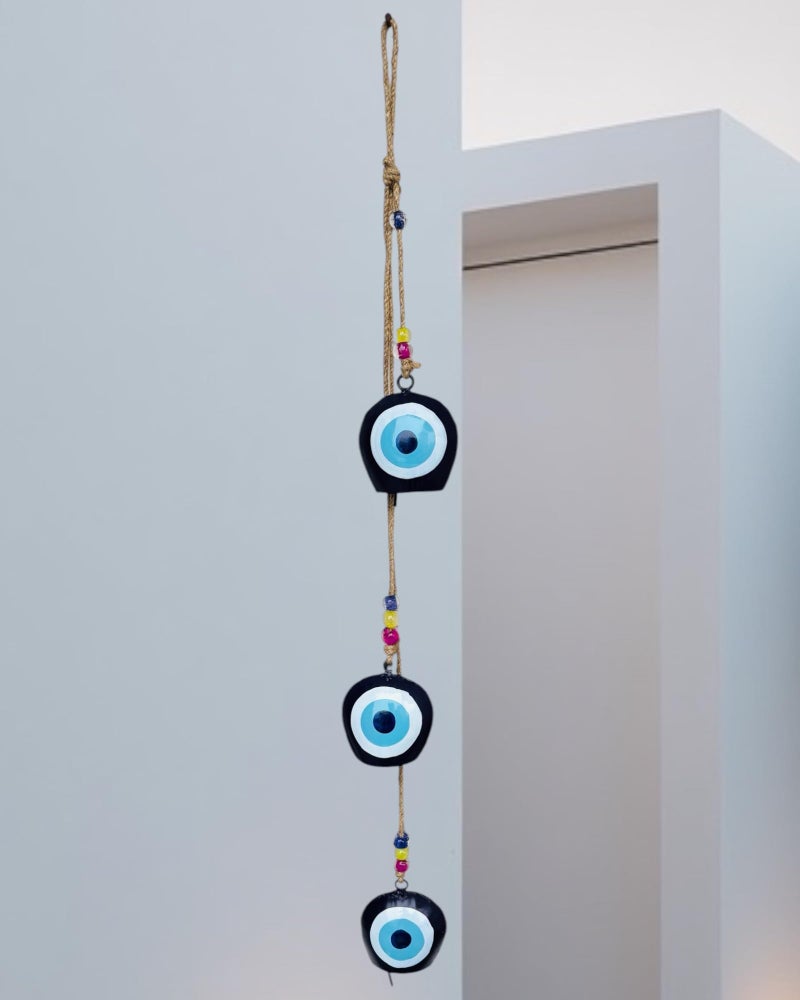 WARMINGO DE Evil Eye Bell Wall Hanging Hand Painted | 3 Feng Shui Vastu Bell for Main Door Entrance | Turkish Evil Eye Hanging for Good Luck & Prosperity | Home Gifting Wall Hanging Decor (Blue) - Image 1