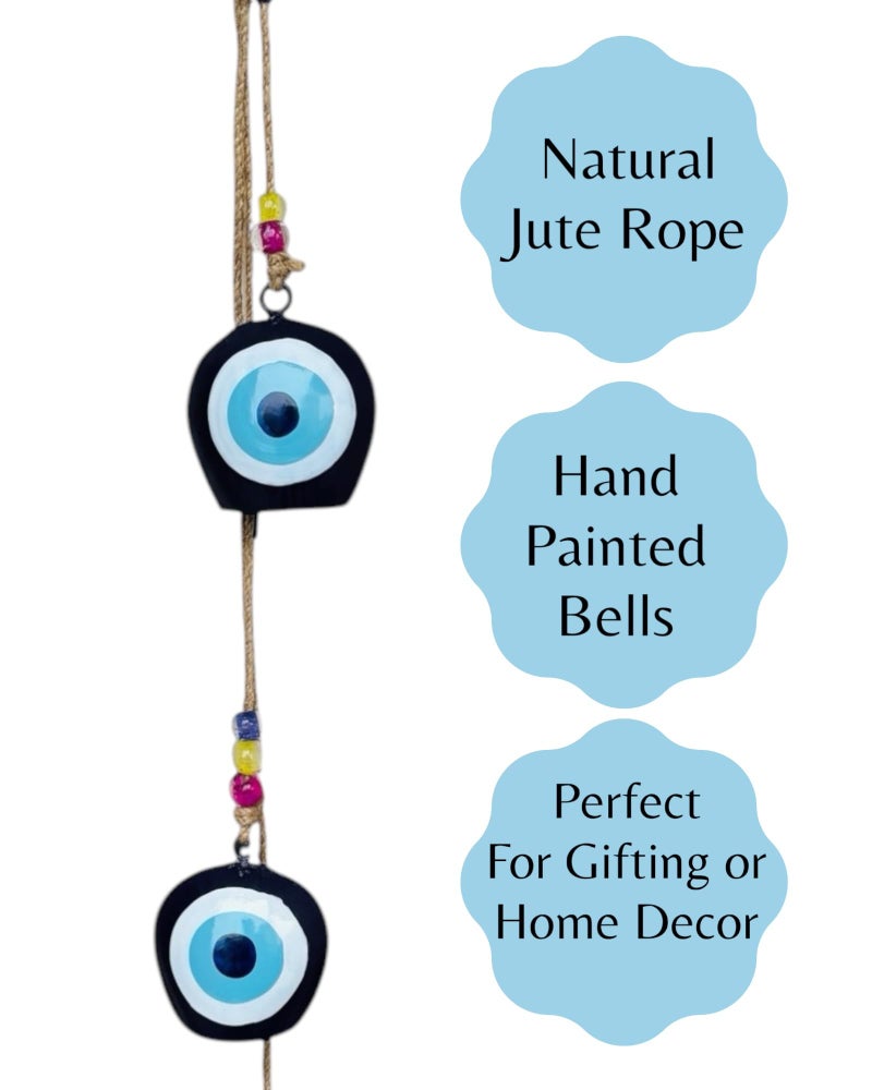 WARMINGO DE Evil Eye Bell Wall Hanging Hand Painted | 3 Feng Shui Vastu Bell for Main Door Entrance | Turkish Evil Eye Hanging for Good Luck & Prosperity | Home Gifting Wall Hanging Decor (Blue) - Image 2