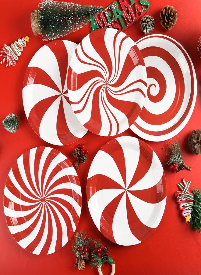 AimFun 48Pcs Christmas Candy Party Plates Peppermint Paper Plate Red and White Striped Disposable Dinner Tableware Xmas Candy Cane Lollipop Round Plates for Winter New Year Holiday Party Supplies - Image 3