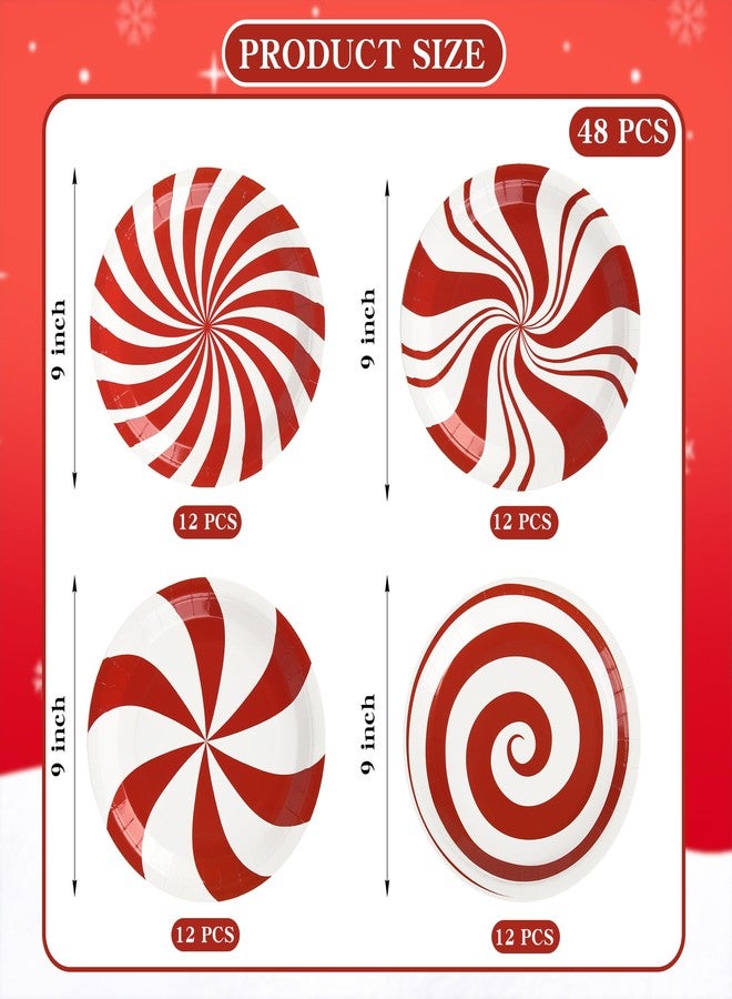 AimFun 48Pcs Christmas Candy Party Plates Peppermint Paper Plate Red and White Striped Disposable Dinner Tableware Xmas Candy Cane Lollipop Round Plates for Winter New Year Holiday Party Supplies - Image 2