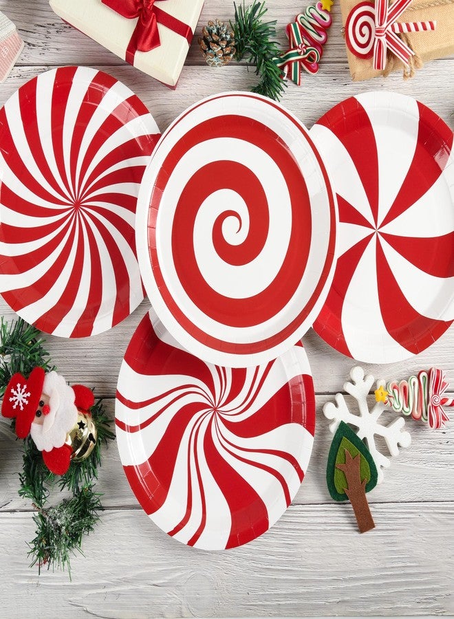 AimFun 48Pcs Christmas Candy Party Plates Peppermint Paper Plate Red and White Striped Disposable Dinner Tableware Xmas Candy Cane Lollipop Round Plates for Winter New Year Holiday Party Supplies - Image 5