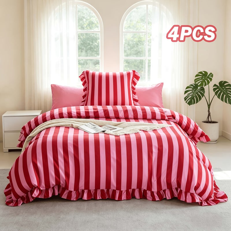 5pcs Striped Pattern Bedding, Includes 1 Duvet Cover + 4 Pillowcases (No Inserts), Ruffled Washed Fiber Duvet Cover and Pillowcases, Essential for Exquisite Home Decor, Mother's Day Birthday Gift Set - Image 1