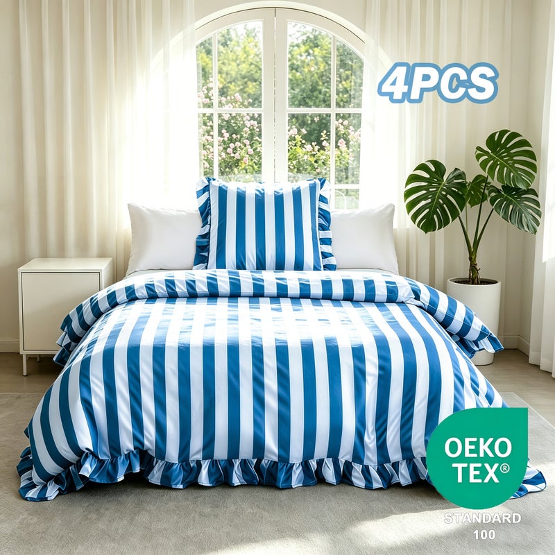 5pcs Striped Pattern Bedding, Includes 1 Duvet Cover + 4 Pillowcases (No Inserts), Ruffled Washed Fiber Duvet Cover and Pillowcases, Essential for Exquisite Home Decor, Mother's Day Birthday Gift Set - Image 2