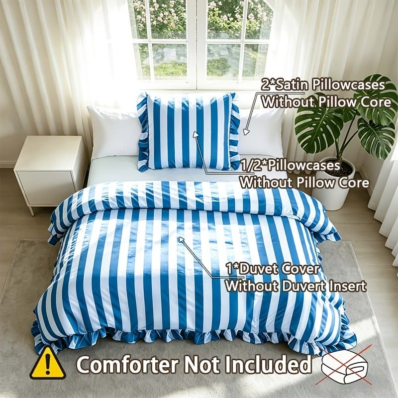 5pcs Striped Pattern Bedding, Includes 1 Duvet Cover + 4 Pillowcases (No Inserts), Ruffled Washed Fiber Duvet Cover and Pillowcases, Essential for Exquisite Home Decor, Mother's Day Birthday Gift Set - Image 3