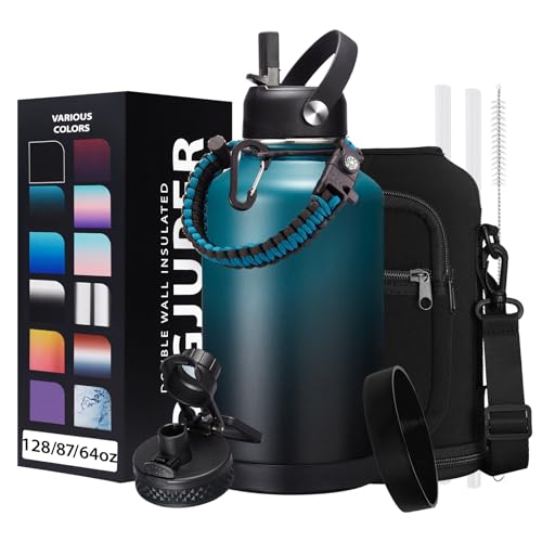 DIGJUPER Half-gallon Insulated Water-Bottle with Straw - Stainless Steel Thermo Jug with Spout Straws Lids, Paracord Handle & Bottle Sleeve, 64OZ Vacuum Thermo Water Bottle for Camping Trip - Image 1